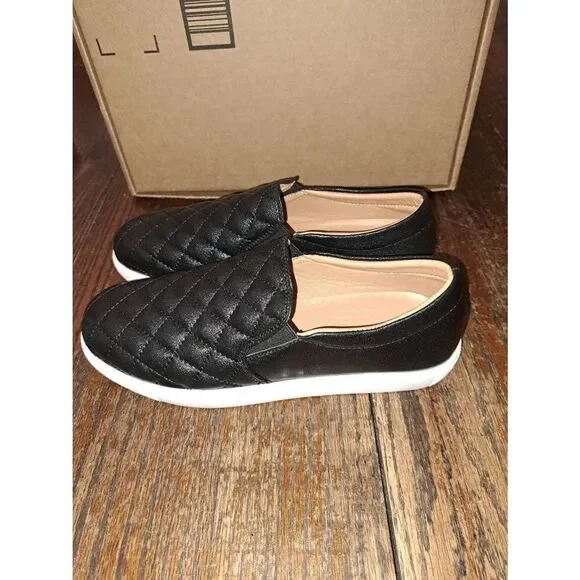 New Sz 8 Vocntvy Black Loafers Comfortable Casual Quilted Leather Slip On Shoes - Picture 9 of 12